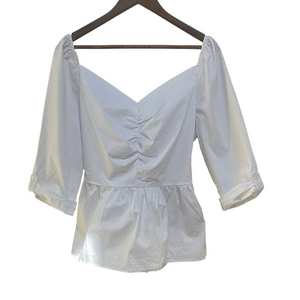 New York & Co White Peplum Blouse Bow Adjustable Sleeves NWOT Classic Romantic